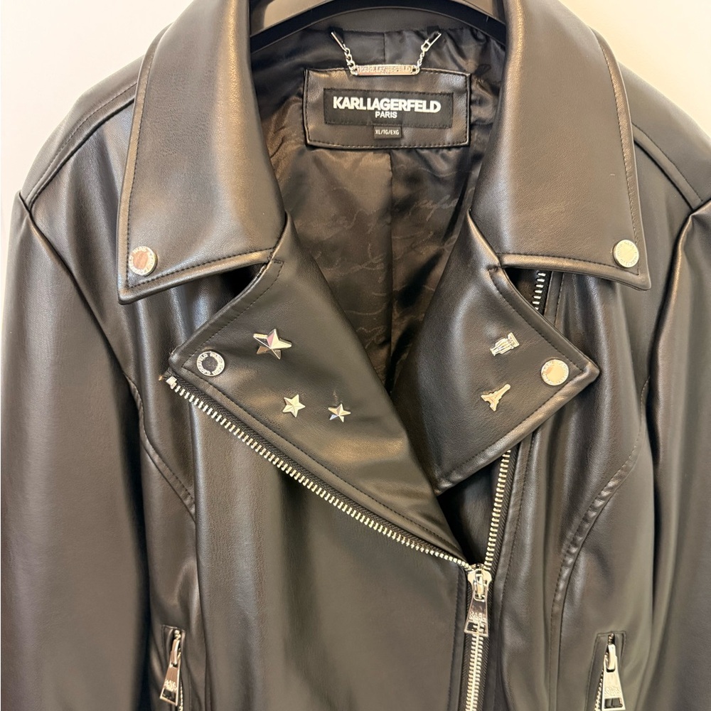 $250 Karl Lagerfeld Paris Women's Logo Pin‎ Asymmetrical Moto Jacket Size XL - Picture 4 of 8